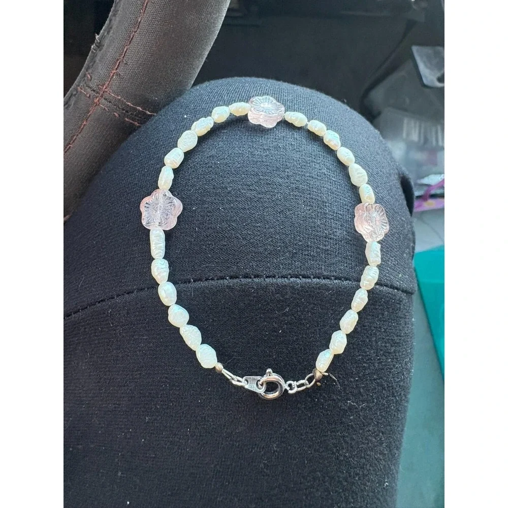 Opalite and Rose Quartz Beaded Flower Bracelet Pink Iridescent Silver Tone Clasp